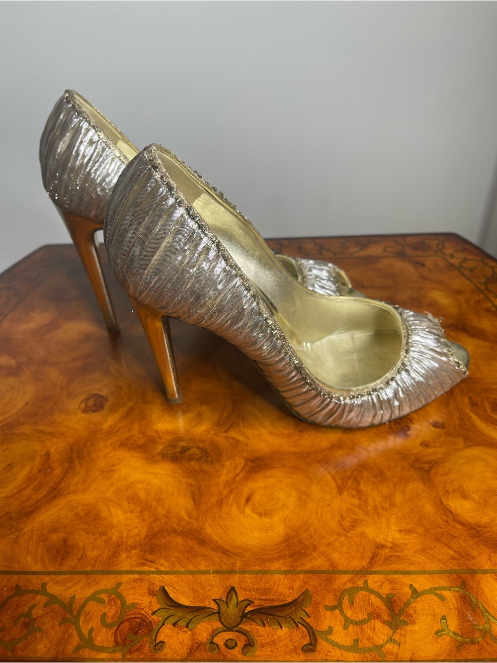 Sergio Rossi Gold Ruched Peep-Toe Heels - Picture 3 of 5
